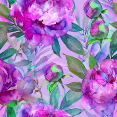 Seamless pattern with peonies on a pink background.