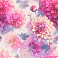 Seamless pattern with dahlias and their buds and leaves.
