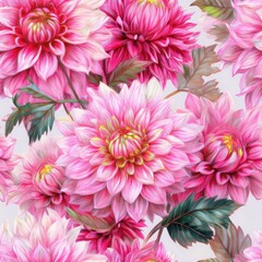 Seamless pattern with dahlias and their buds and leaves.
