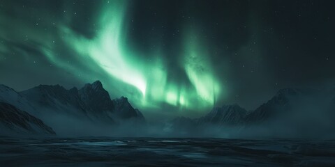 Naklejka premium Breathtaking northern lights illuminate the night sky over majestic mountains and tranquil waters, creating a mesmerizing natural display.