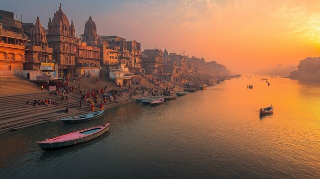 Sunset Over Varanasi Ghats with Boats on the Ganges River in a Sacred Setting