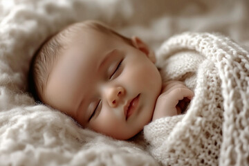 A close-up portrait of a newborn baby peacefully sleeping, wrapped snugly in a soft, knitted blanket