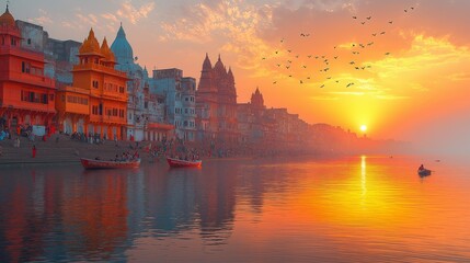 Naklejka premium Golden Sunset Reflecting on the Majestic Temples and Ghats of Varanasi