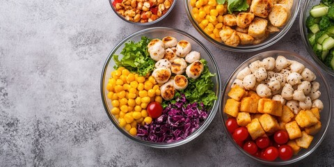 Colorful bowls of healthy salad featuring varied ingredients, perfect for nutritious meals or meal prep.