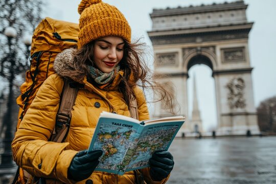 Woman in Yellow Jacket and Beanie Holding a Map in Front of the Arc de Triomphe