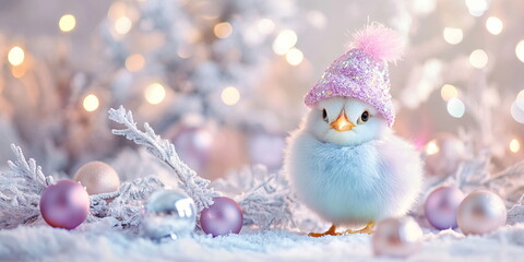 Obraz premium A cute chiken young bird in a christmas hat covered in colorful paint, sitting on the ground with splashes of color around it, against an Christmas