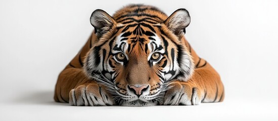 A tiger lies on a white background, looking directly at the camera with an intense gaze.