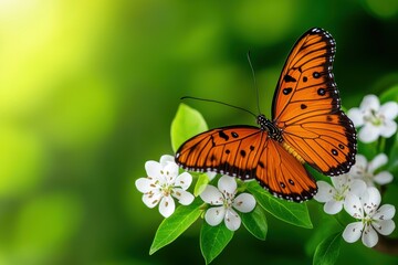 Naklejka premium Vibrant orange butterfly perched on white flowers with a soft green background.