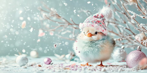 Obraz premium A cute chiken young bird in a christmas hat covered in colorful paint, sitting on the ground with splashes of color around it, against an Christmas