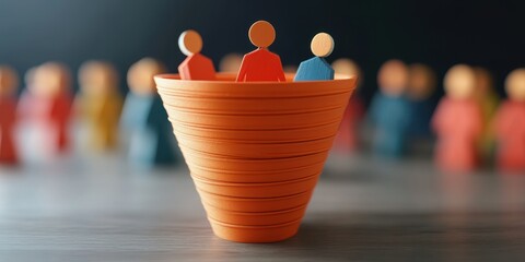 Colorful wooden figures in a conical arrangement symbolize teamwork and collaboration in a modern workspace.