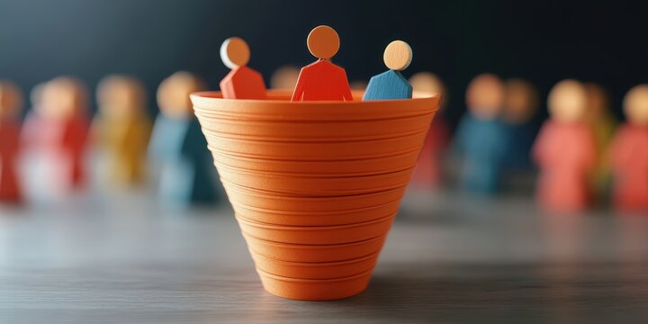 Colorful wooden figures in a conical arrangement symbolize teamwork and collaboration in a modern workspace.