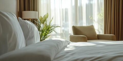 Cozy hotel room featuring a plush bed, soft lighting, and a relaxing armchair by the window for a perfect retreat.
