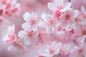 A close-up image focusing on individual cherry blossom flowers in full bloom, room for text