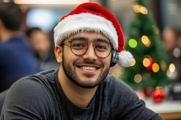 Smiling Man Wearing a Santa Hat and Glasses