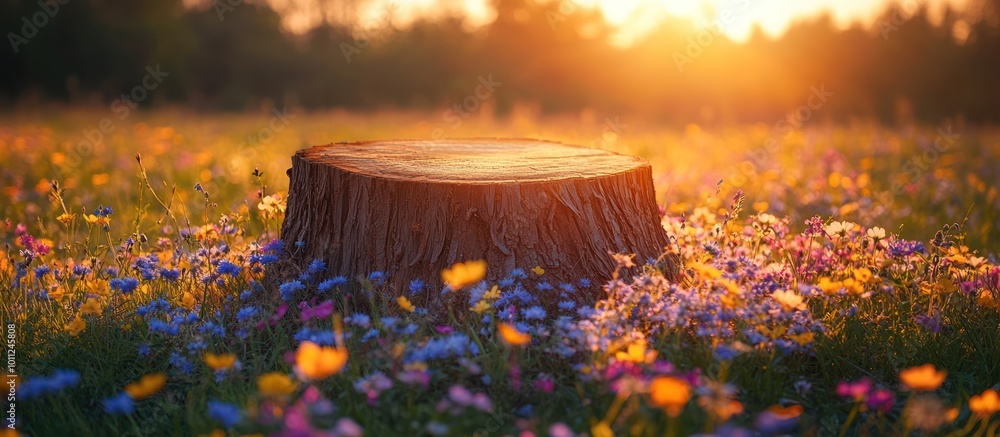 Poster a tree stump in a field of wildflowers with the sun setting in the background.