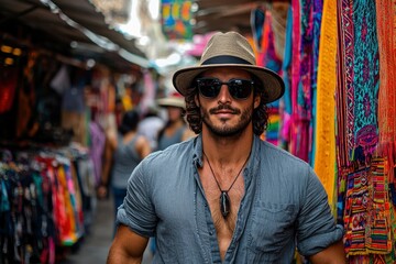 Obraz premium A Man Wearing Sunglasses and a Hat Stands in a Market