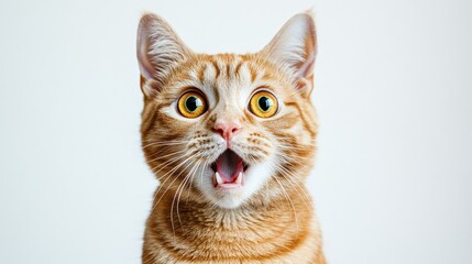 Funny Ginger Cat with Shocked Expression and Wide Eyes on White Background