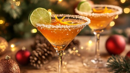 Fancy martini with sugary rim and citrus zest, served on a decorated table.