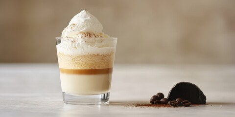 Delicious layered coffee dessert topped with whipped cream, perfect for coffee lovers and dessert enthusiasts alike.