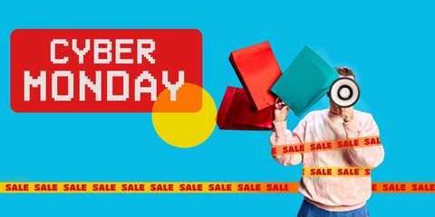 Poster. Contemporary art collage. Person with shopping bags shouting megaphone. that sales season start. Go shopping now. Concept of Black Friday, sales season, cyber Monday, promotion, discount. Ad