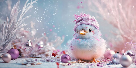 
A cute chiken young  bird in a christmas hat covered in colorful paint, sitting on the ground with splashes of color around it, against an Christmas