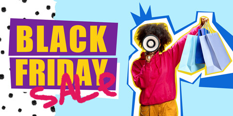 Poster. Contemporary art collage. Woman holding shopping bags and megaphone. Trendy design perfect for retail and holiday promotions. Concept of Black Friday, sales season, cyber Monday, discount. Ad