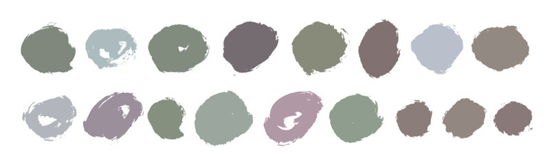 Rounded brush watercolor strokes set. Grunge textured paint brushes design bundle. Abstract weathered painting graphic element.