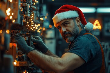 A Man in a Santa Hat Works on Electrical Equipment with Christmas Lights in the Background
