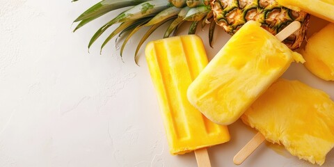 Delicious tropical pineapple popsicles on a light background, perfect for summer refreshing treats and desserts.