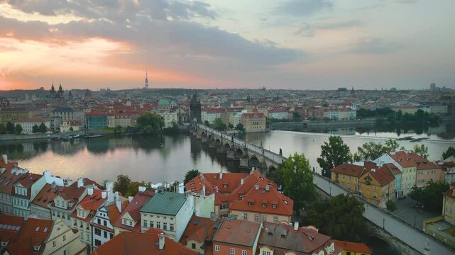 Prague scenic spring aerial view of the Prague Old Town pier architecture and Charles Bridge over Vltava river in Prague, Czechia. Old Town of Prague, Czech Republic.