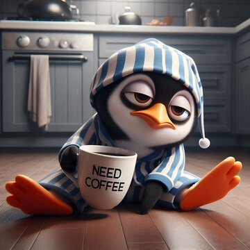 a sleepy funny penguin in pajamas is lying stretched out on the floor with his body on a coffee cup, on the cup is the following text: "Need coffee"