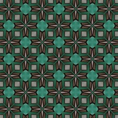 Seamless pattern of teal, brown and white interlocking squares, stars and octagons.