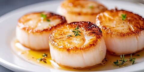 Deliciously seared scallops served on a plate with a rich, buttery sauce. A gourmet dish perfect for fine dining experiences.