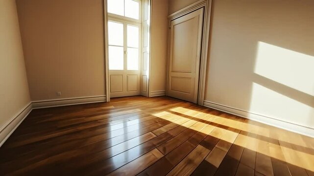 Sunlit empty room with wooden floor large windows
