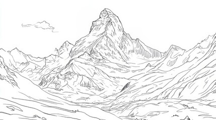 Line Drawing Mountainous Landscape, High Altitude Peak, Hand Drawn Illustration, Minimalist Style