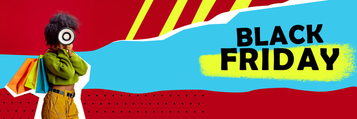 Banner. Contemporary art collage. Stylish woman holds colorful shopping bags while announcing Black Friday deals. Concept of sales season, cyber Monday, promotion, discount. Ad