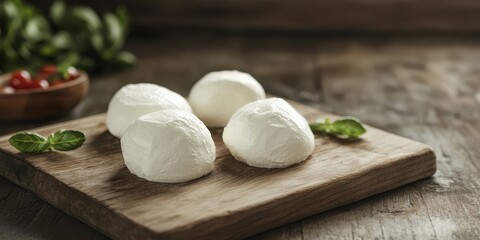 Fresh mozzarella balls on a wooden cutting board, garnished with green leaves, perfect for culinary presentations.
