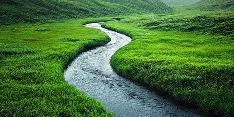 Gentle river winding through lush green meadows, offering a serene landscape perfect for nature lovers and peaceful retreats.