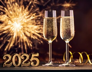 2025 Close-up of two glasses of sparkling wine, champagne tilted towards each other. Three-dimentional golden letters 2025 in the background. Bokeh and fireworks. New year and christmas concept.