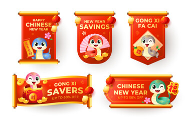 Chinese New Year 2025 scroll label set with cute snake zodiac with prosperity wishes. Animal holiday cartoon character sticker. Vector illustration. (Translation: prosperity wishes)