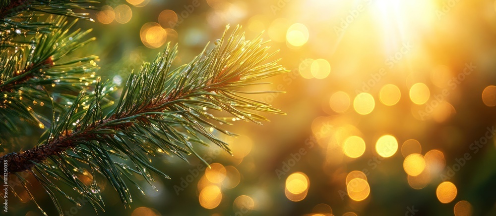 Poster Close-up of a pine tree branch with dew drops on it,  with a blurred background of golden bokeh lights.