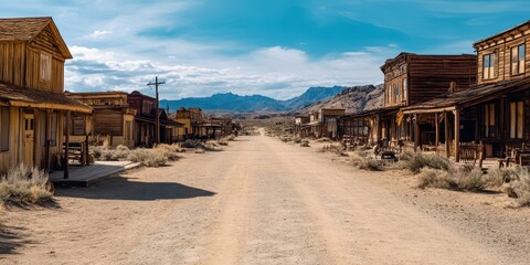 Scenic view of an abandoned Wild West town, featuring dusty roads and rustic wooden buildings against a blue sky.