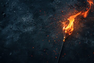 A flaming torch with sparks on a dark background