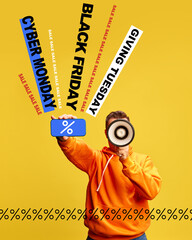 Poster. Contemporary art collage. Stylish sales man announcing Black Friday, Cyber Monday, and...