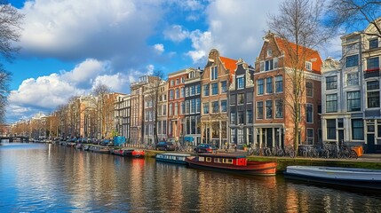 Fototapeta premium Canal, house, blue sky, Netherlands