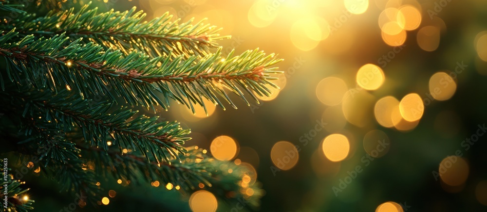 Poster close-up of a pine branch with bokeh lights in the background.