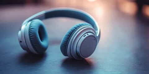 Naklejka premium Stylish blue headphones resting on a surface, ideal for music lovers seeking modern audio accessories.