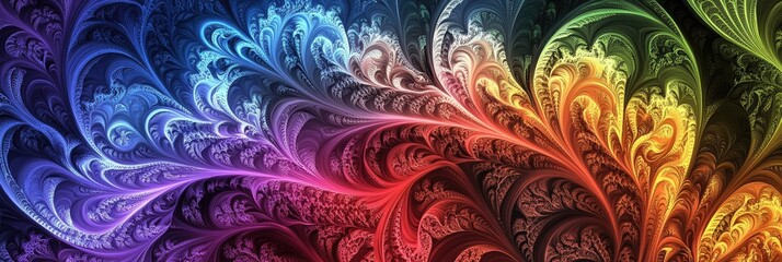 A rainbow fractal design with intricate patterns repeating in vibrant color gradients