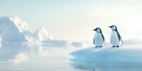 Obraz premium Two charming penguins stand on a serene iceberg, surrounded by the tranquil beauty of icy landscapes and calm waters.