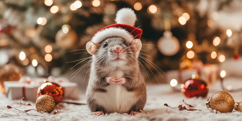 A cute domestic rat/ hamster/mouse in a christmas hat, sitting on the ground, against an Christmas tree
